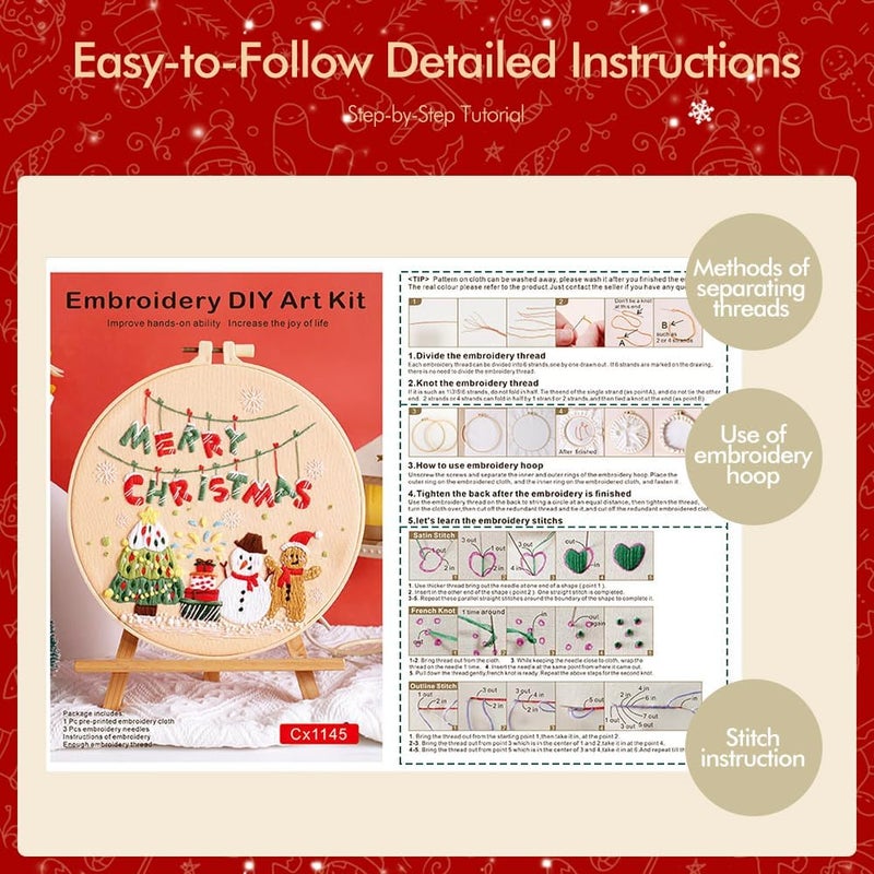 wtisan Christmas Embroidery Kits: 1 Pack Cross Stitch Kit for Beginners Adults, DIY Ornaments Craft Kit with All Tools & Instructions, Stamped Hand Embroidery Starter Kit for Holiday Crafts & Xmas Home Decor - Image 2